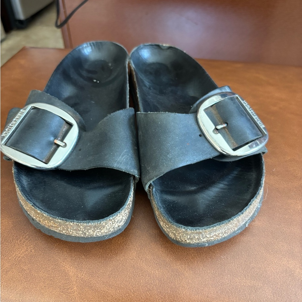Birkenstock Black Slide Sandals with Silver Buckles